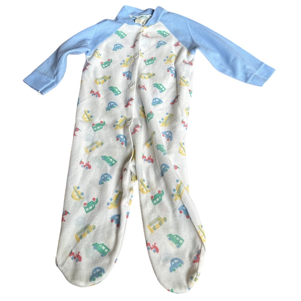 Vintage Healthtex Baby Footed Sleeper Pajamas Cars Trucks Blue White Snap Front